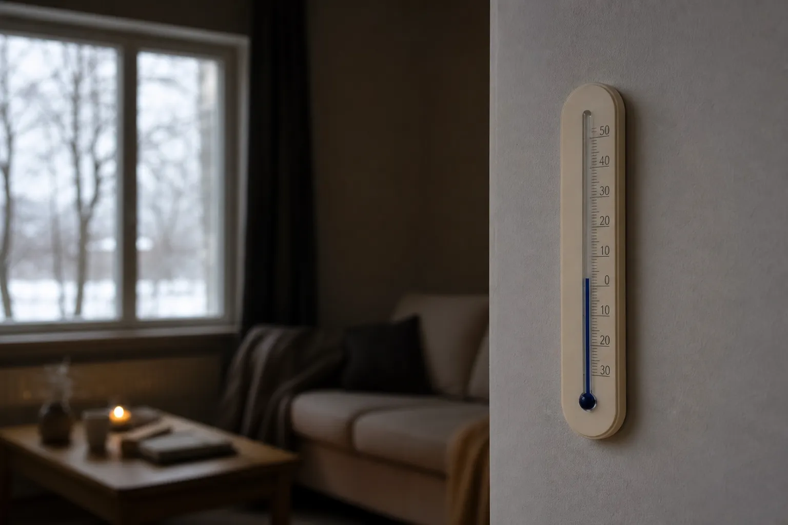Thermomètre d’intérieur affichant une température basse dans un salon