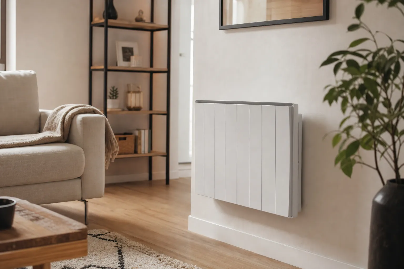 Radiateur électrique à inertie moderne dans un salon résidentiel