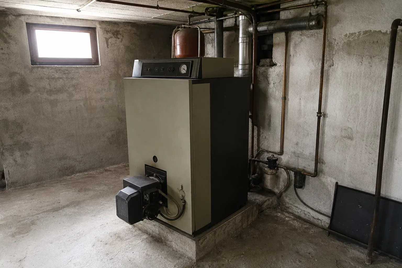 Ancienne chaudière fioul dans une chaufferie pavillonnaire