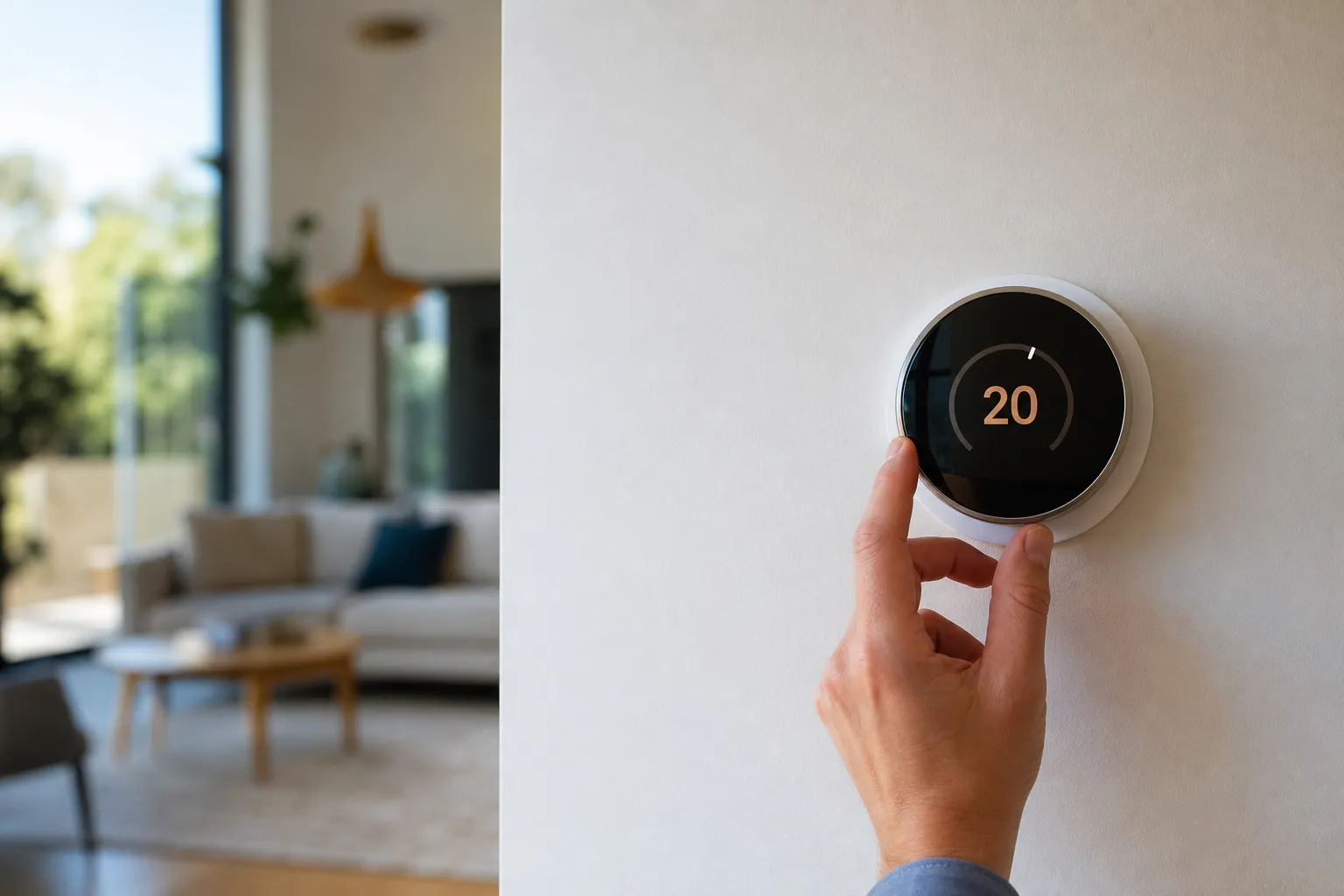 Thermostat connecté mural moderne réglé à la main