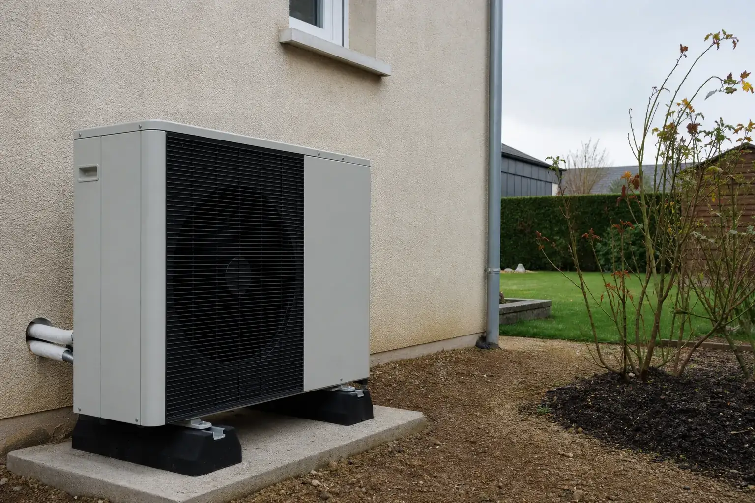 Unité extérieure de pompe à chaleur air-eau posée contre la façade d’un pavillon