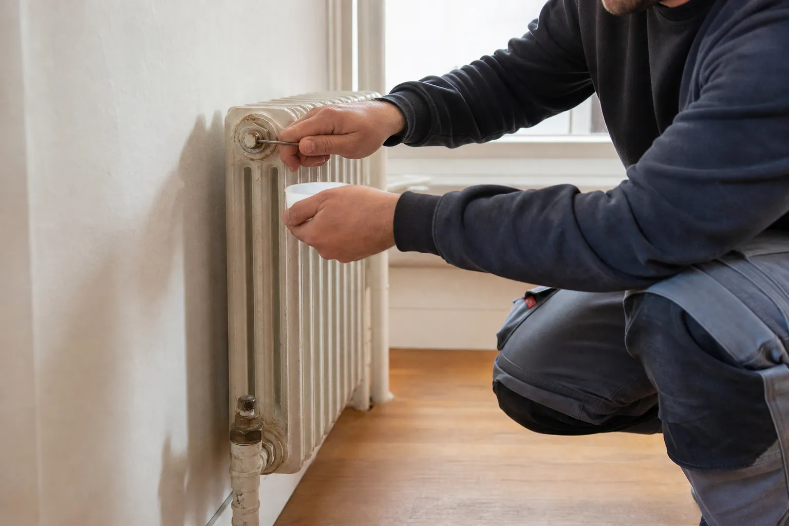 Technicien purgeant un radiateur en fonte avec une clé de purge